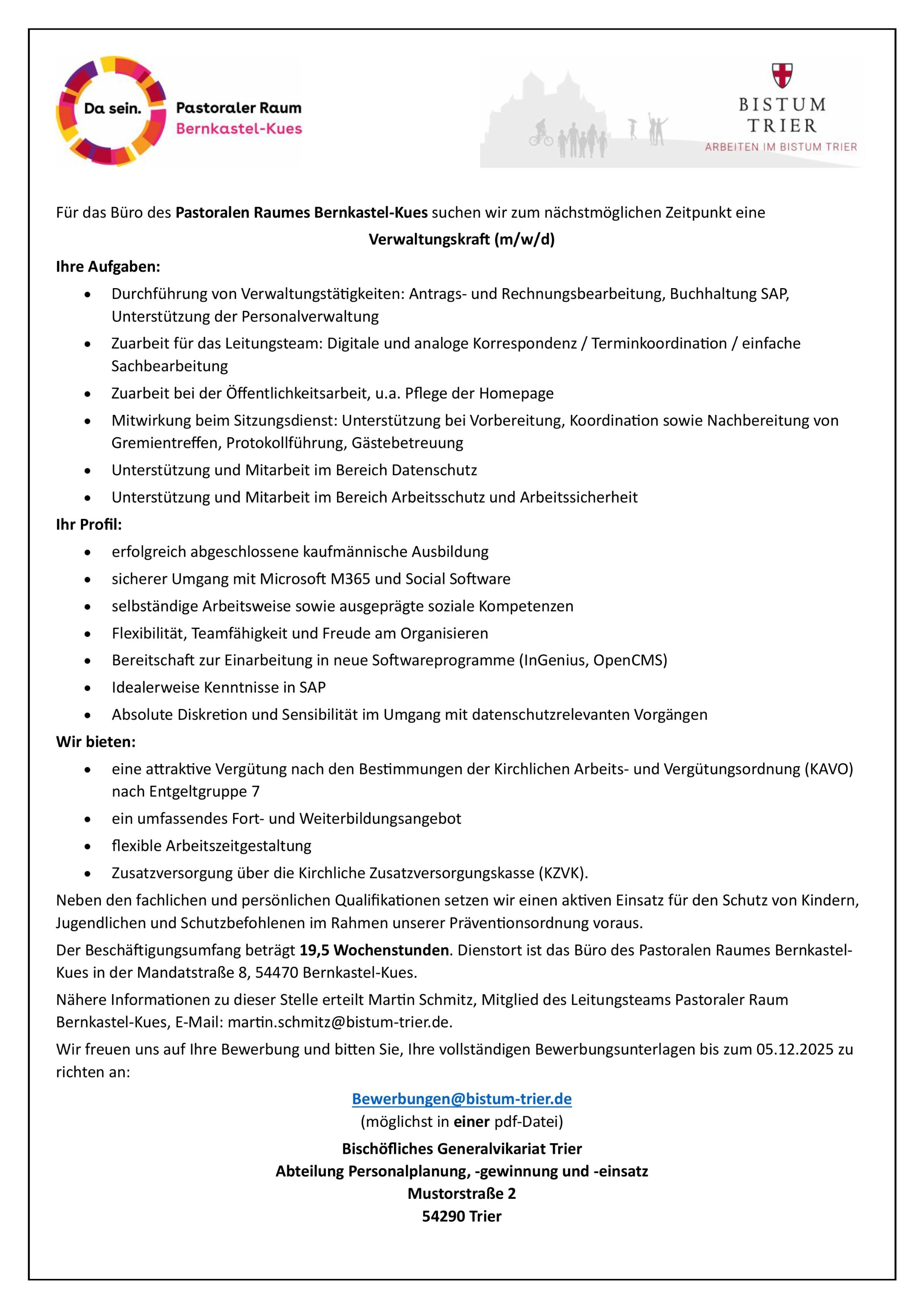 20251111 Stellenausschreibung Verwaltungskraft Veröffentlichung