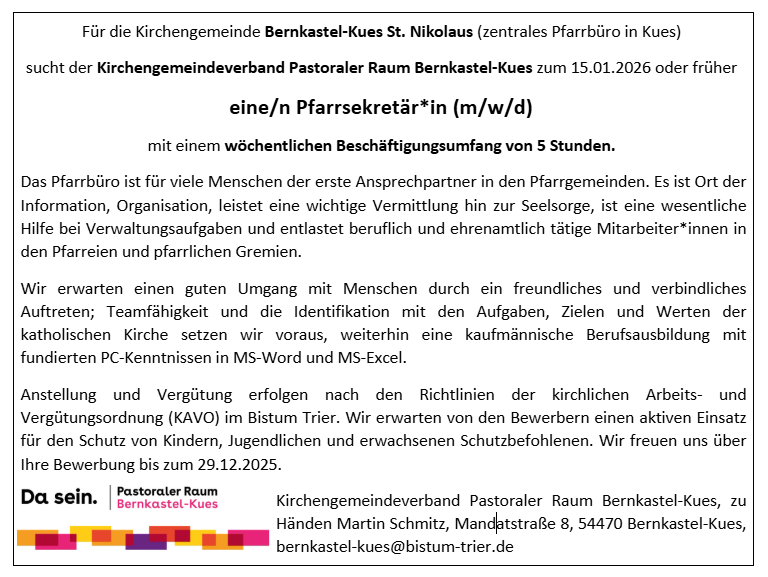 20251223 Stellenanzeige Pfarrbüro Kues