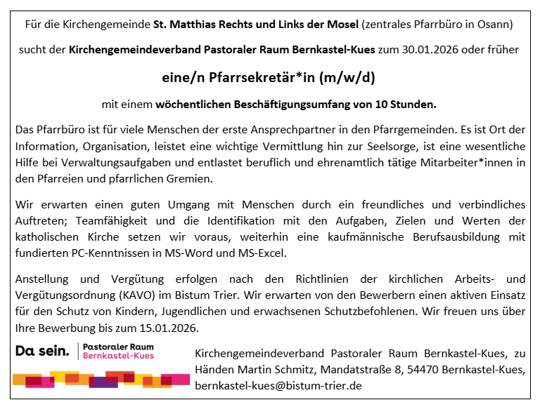 20251223 Stellenanzeige Pfarrbüro Osann