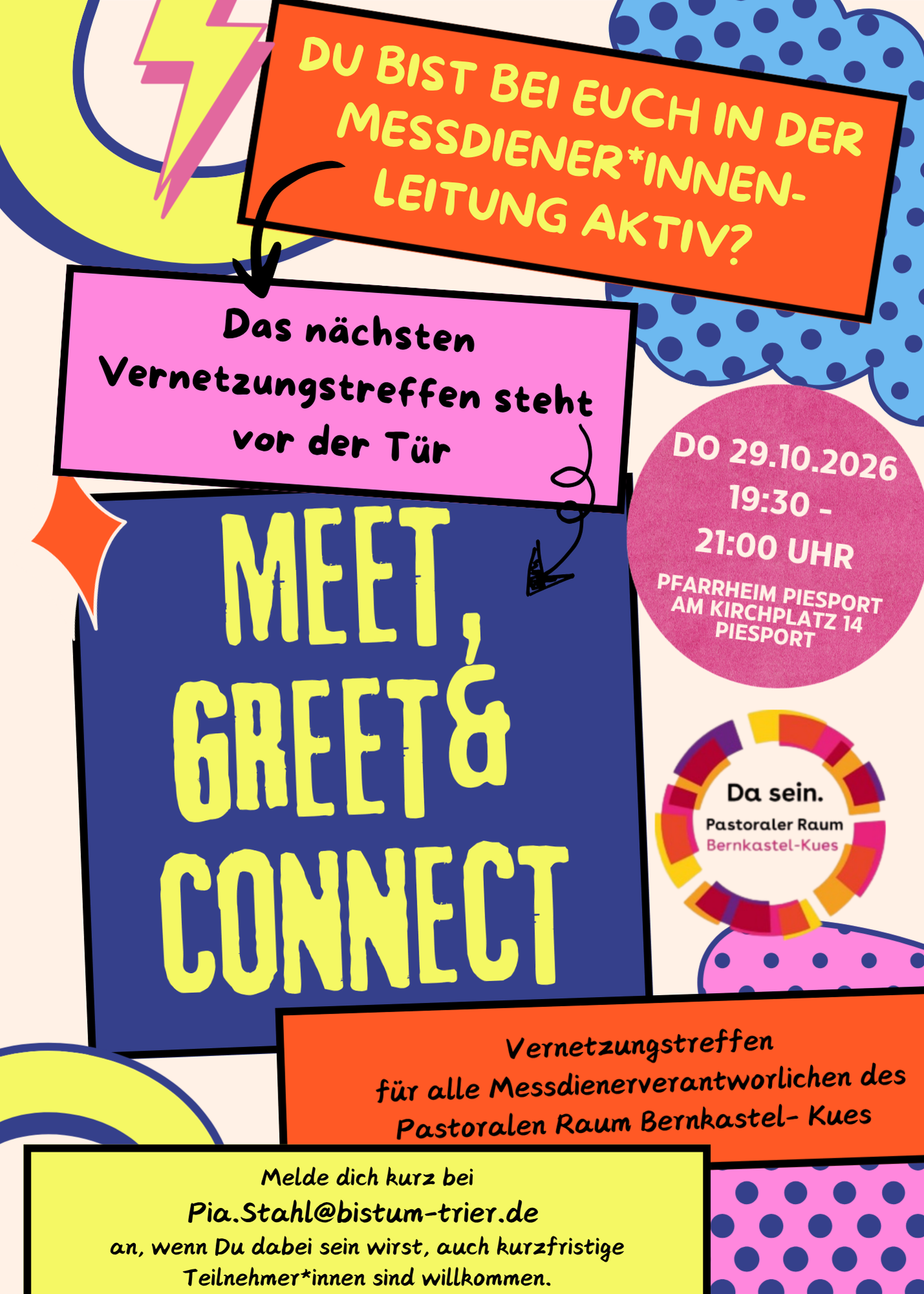 Einladung MessdienerInnen-Vernetzung 1 buntes Plakat meet, greet, connect