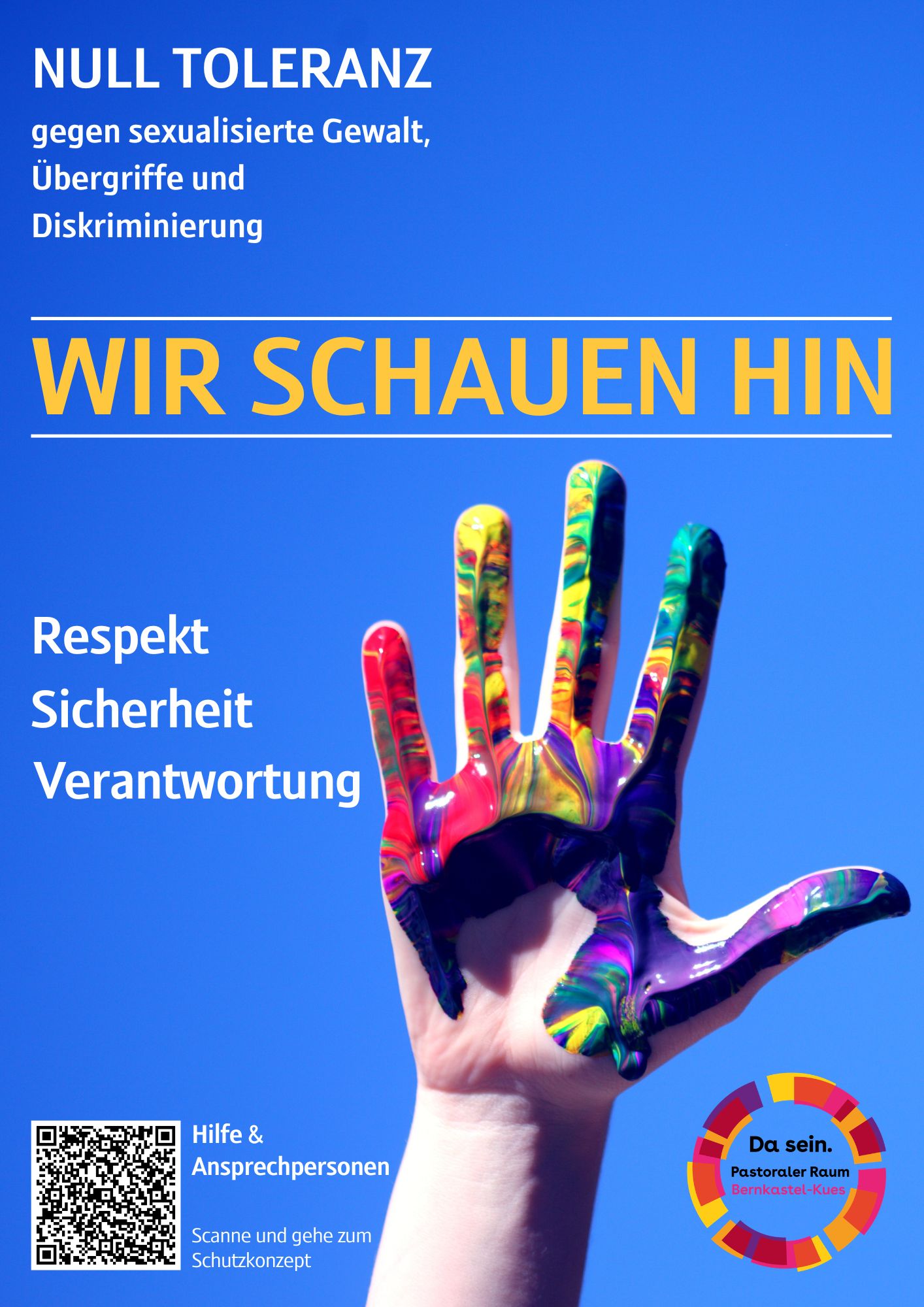 blaues Plakat mit bunten Händen